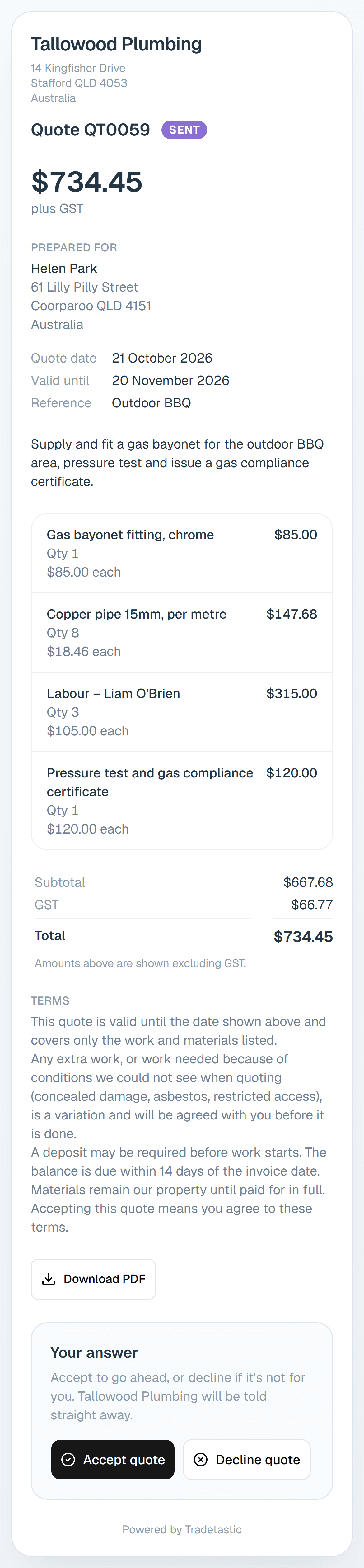 A customer's quote on their phone, with the line items, terms, a Download PDF button and Accept and Decline buttons