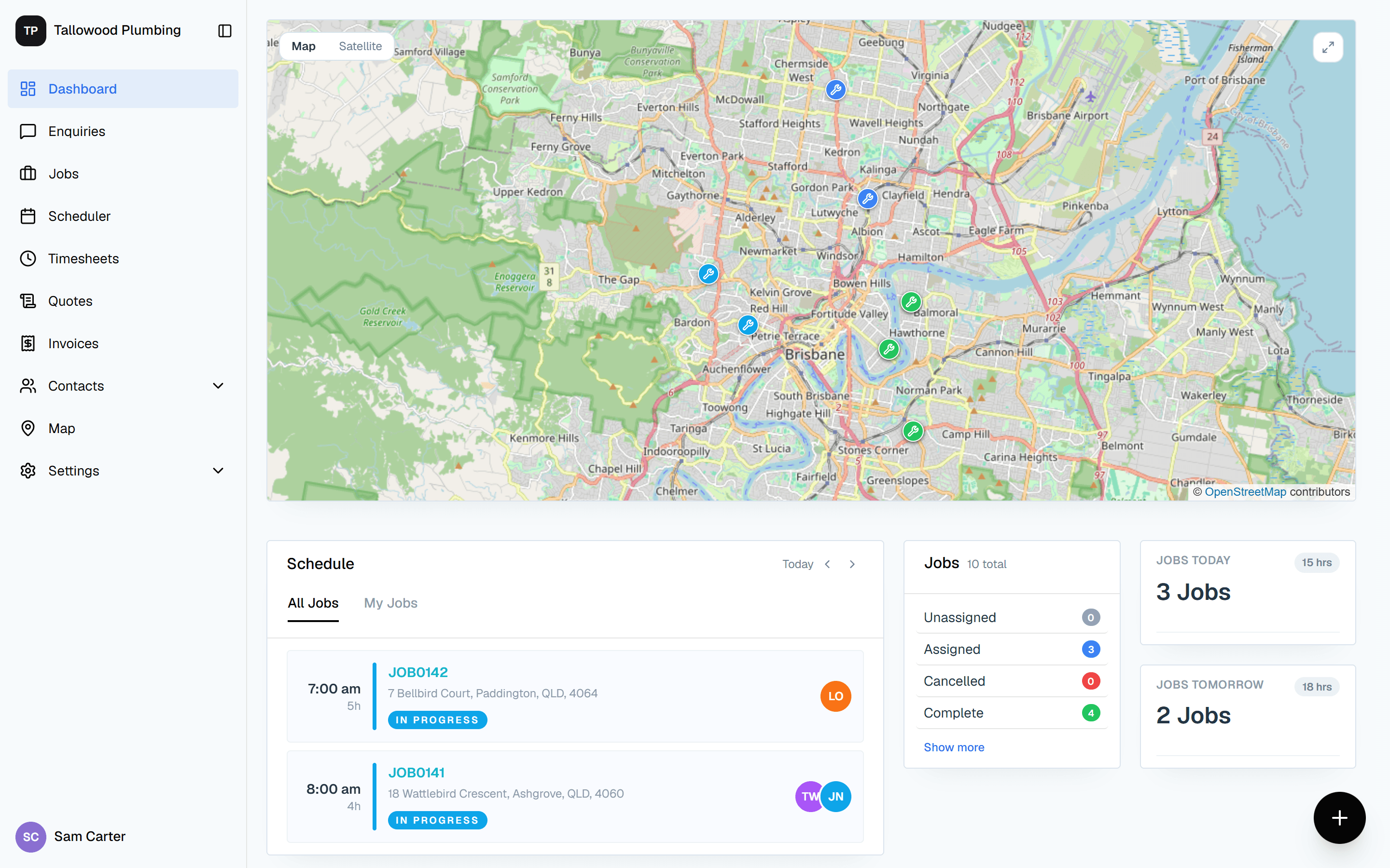 The Rivetly dashboard: a map of today's jobs, the day's schedule and job counts by status