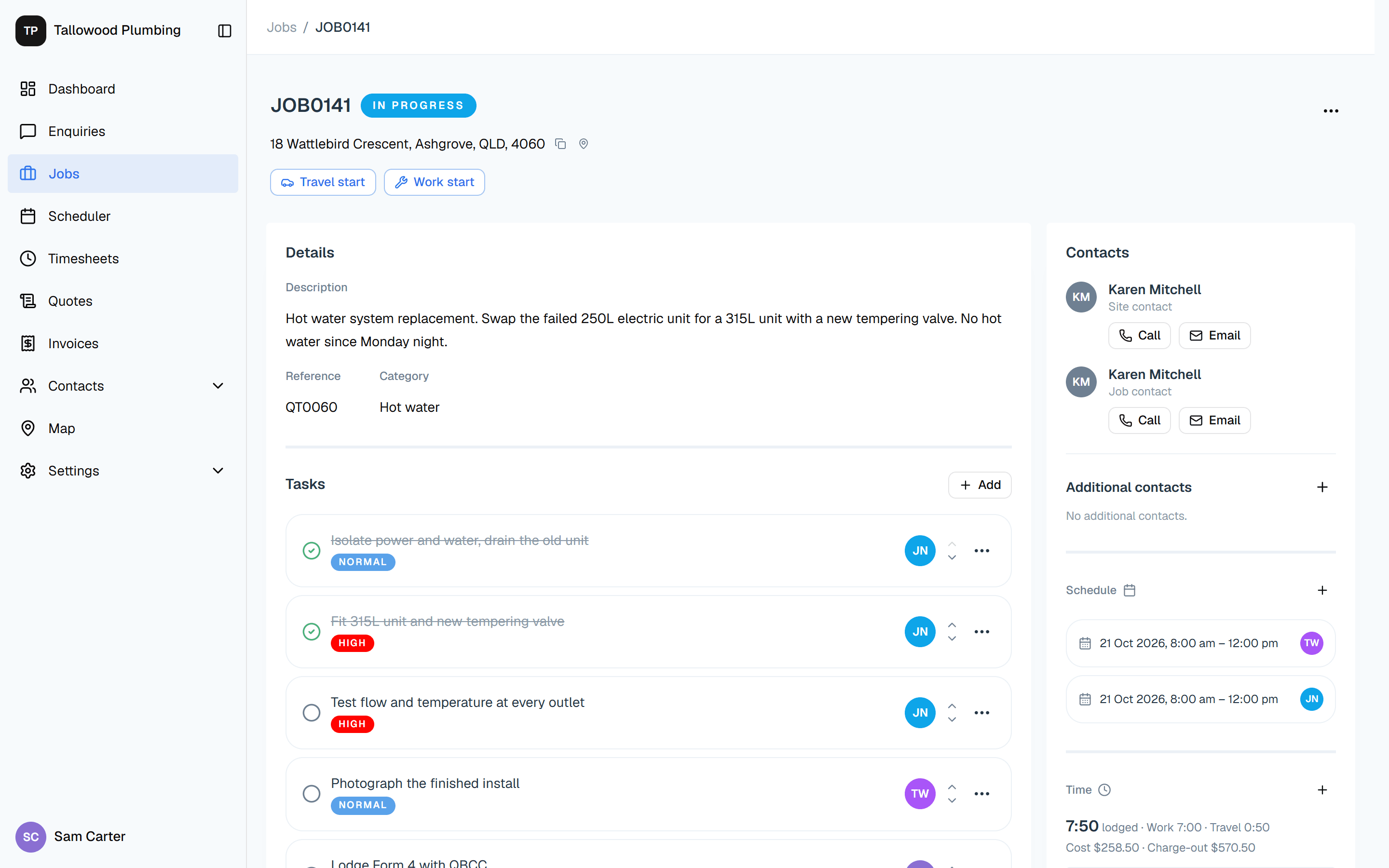 A job in Rivetly with its address, tasks, contacts, schedule and logged time